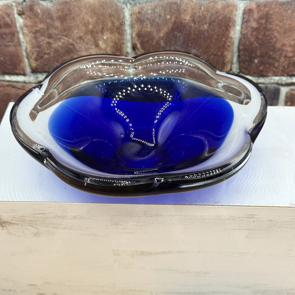 Vtg Swedish Cobalt Blue Art Glass Bowl Dish Sommerso Scalloped Hand Blown MCM